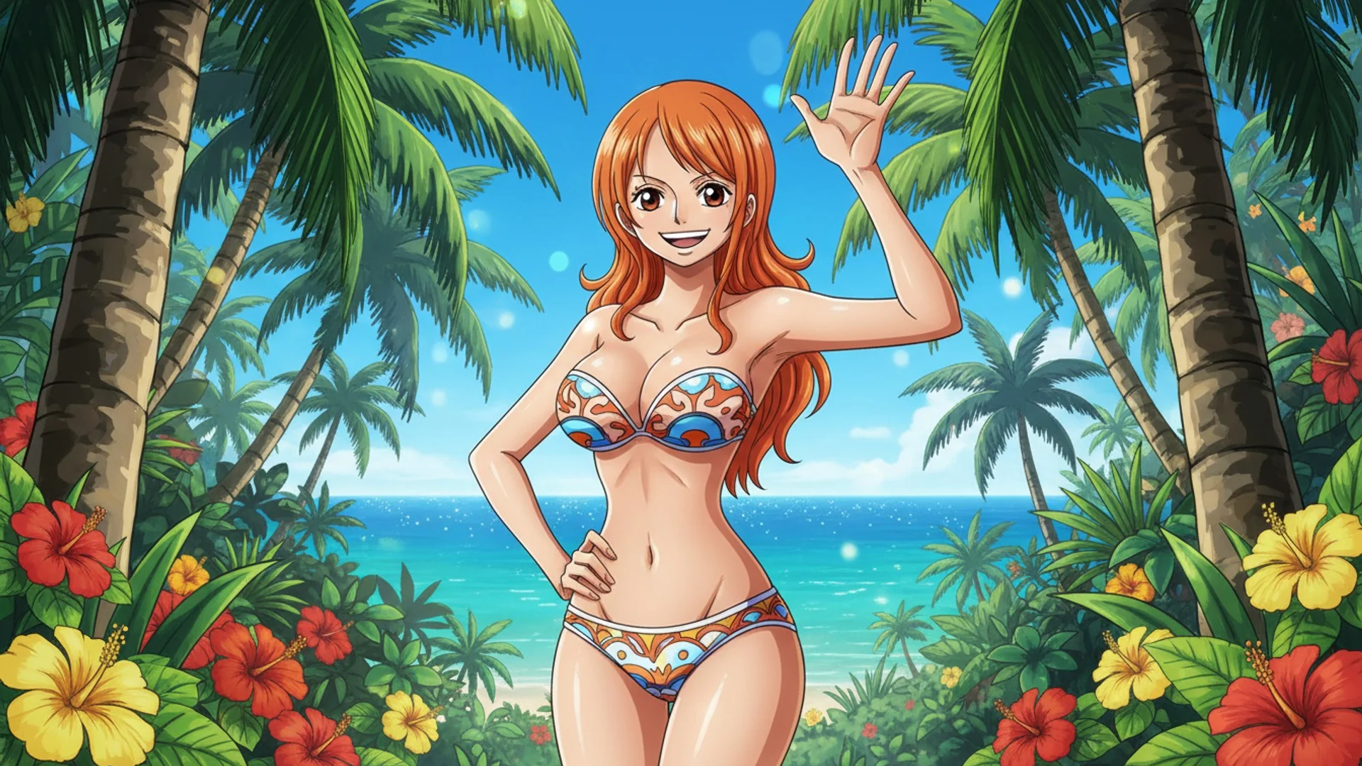 Nami from One Piece in a vibrant tropical beach scene, anime-style AI Art by Daddy Jim Headquarters