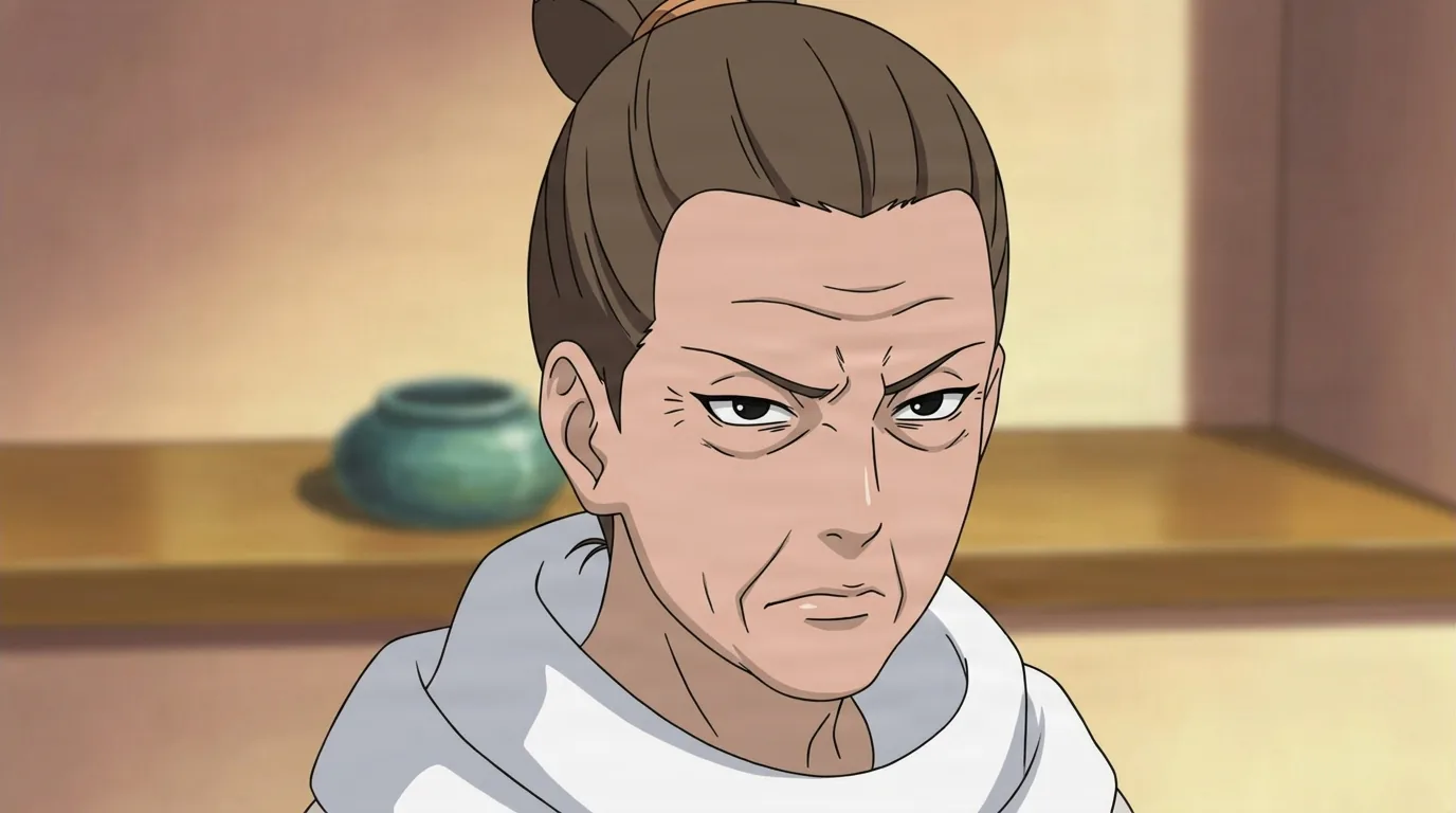 Biwako Sarutobi from Naruto in a close-framed cel-shaded anime scene with a detailed environment
