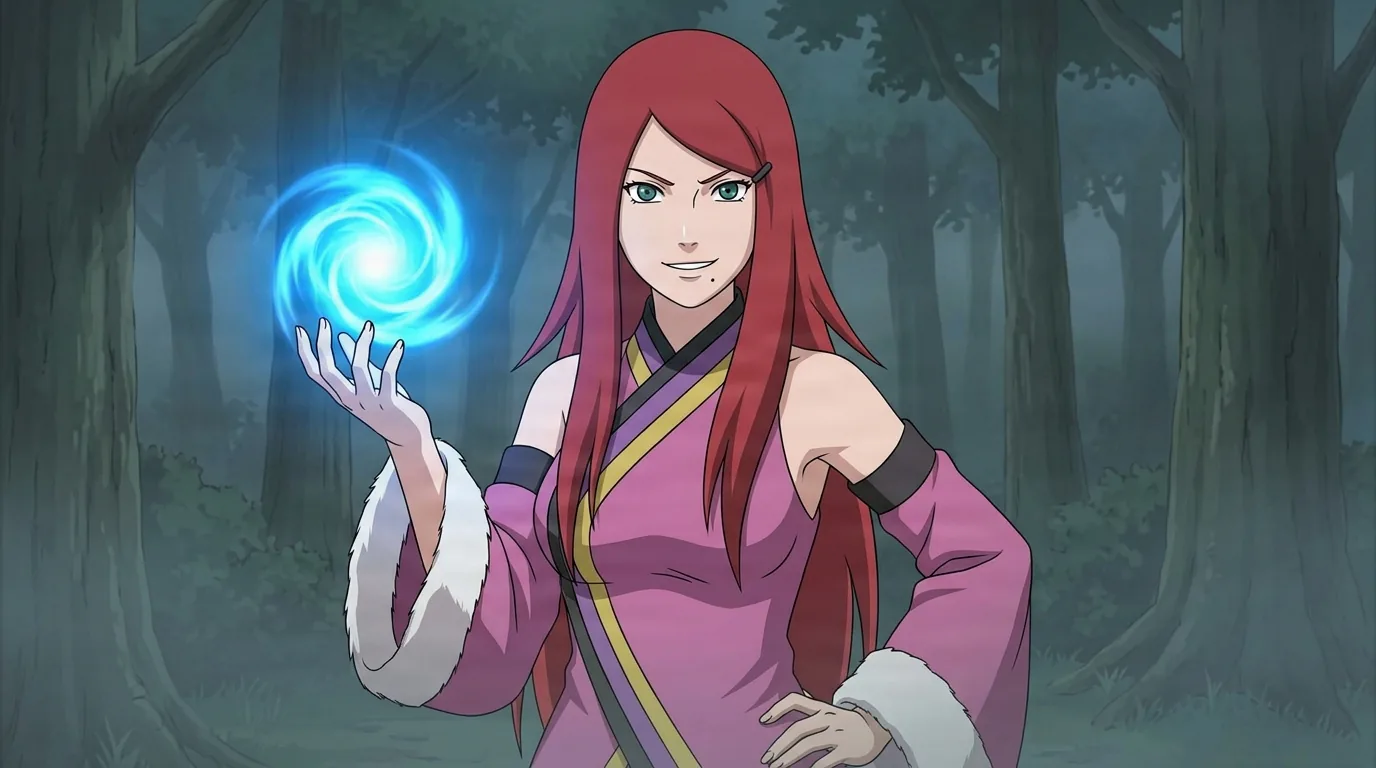 Red haired kunoichi with green eyes in a pink kimono holding a glowing blue chakra swirl in one raised hand while standing in a misty forest