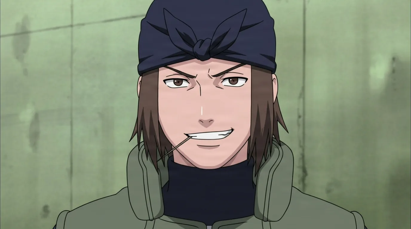 Genma Shiranui from Naruto in a close-framed cel-shaded anime scene with a detailed environment