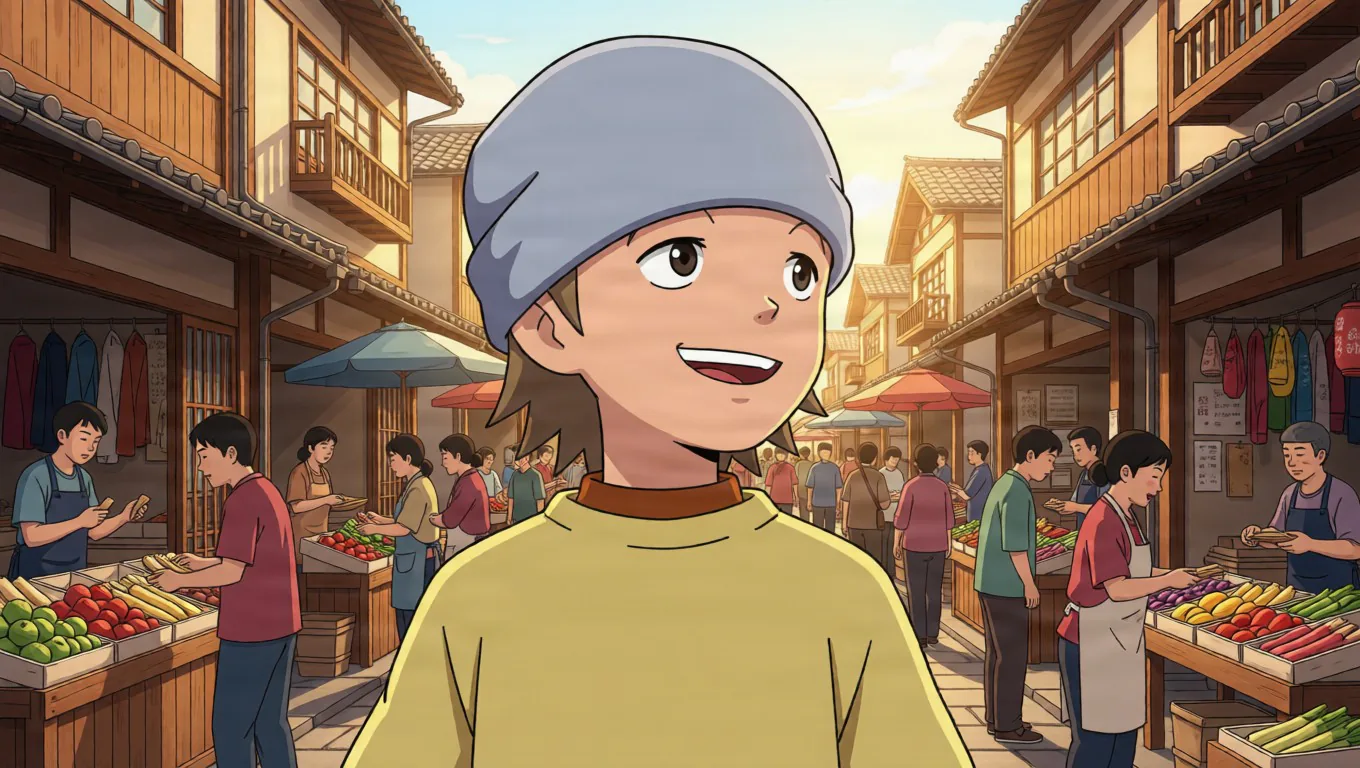 Un niño sonriente con una gorra tipo bandana gris y una camiseta amarilla está de pie en una calle de mercado iluminada por el sol, flanqueada por tiendas de madera y puestos de verduras.
