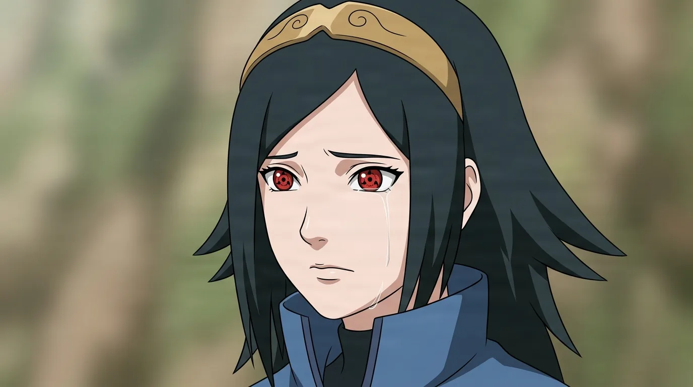 Hikari Uchiha from Naruto in a close-framed cel-shaded anime scene with a detailed environment