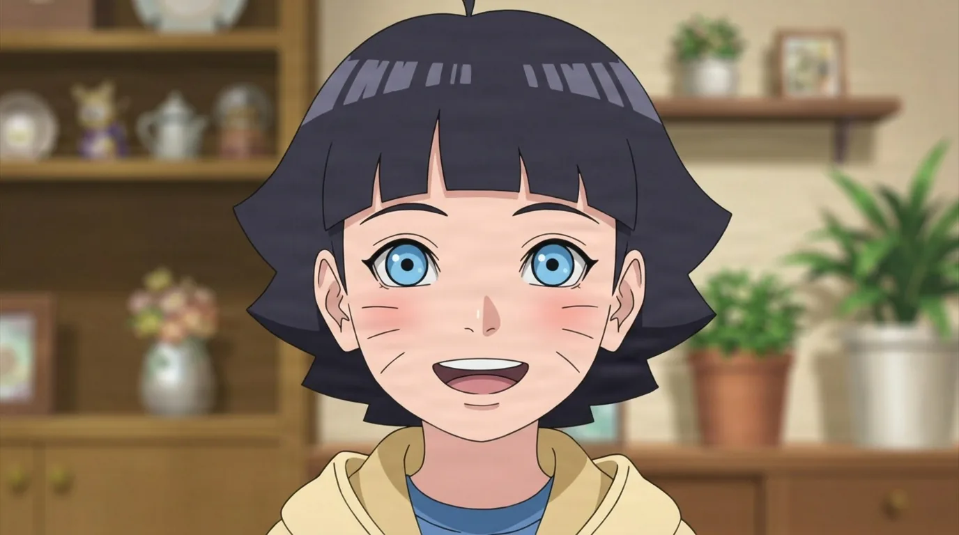 Himawari Uzumaki from Naruto in a close-framed cel-shaded anime scene with a detailed environment