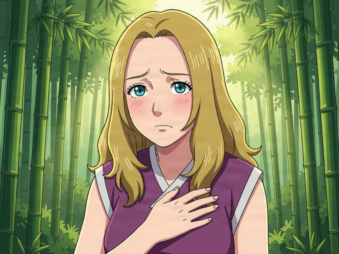 Blonde young woman with teal eyes in a purple and white top holds a hand to her chest with a worried look in a sunlit green bamboo grove