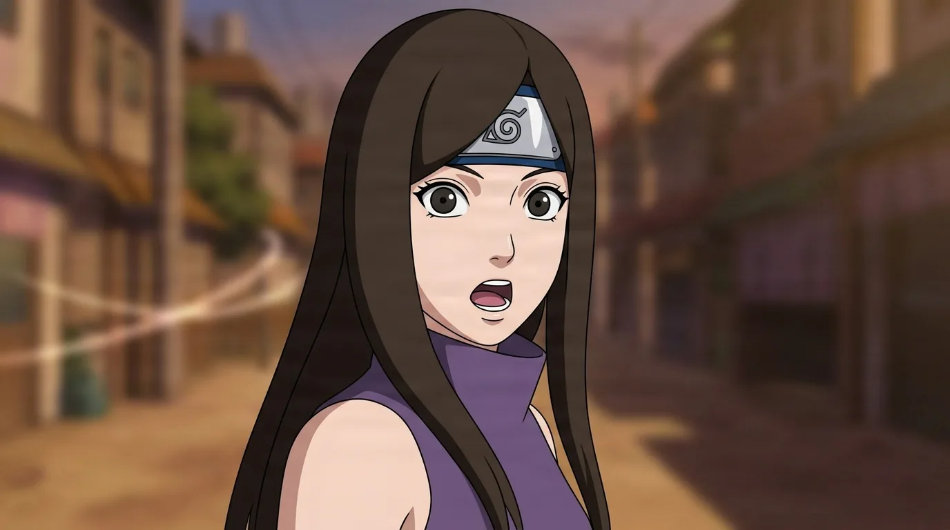 Izumi Uchiha from Naruto in a close-framed cel-shaded anime scene with a detailed environment