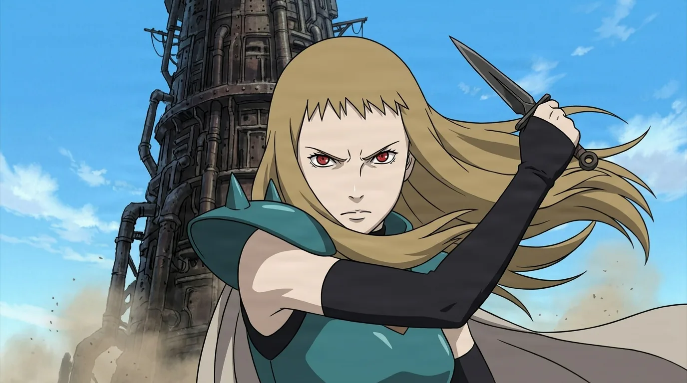 Blonde girl with red eyes and teal spiked armor swings a kunai with wind-blown hair before a towering iron structure under a blue sky