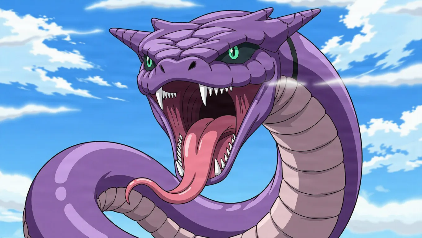 Giant purple serpent with horns and green eyes rears its head against a bright blue sky, fanged jaws open wide with its long tongue lashing out
