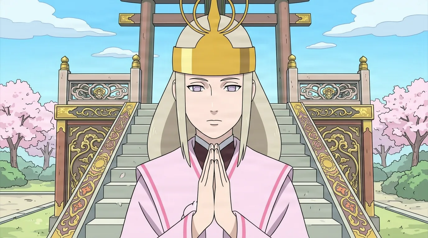 A pale haired priestess in a gold crown and pink robes presses her hands together in prayer before an ornate shrine staircase framed by cherry blossoms.
