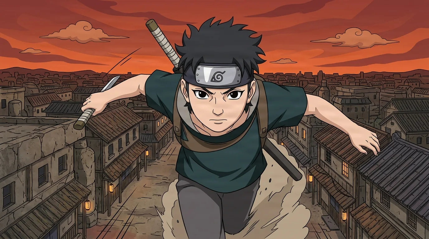 Shinobi de cabello negro con una banda en la cabeza y una espada en la espalda corre por los tejados de una aldea bajo un cielo naranja del atardecer.