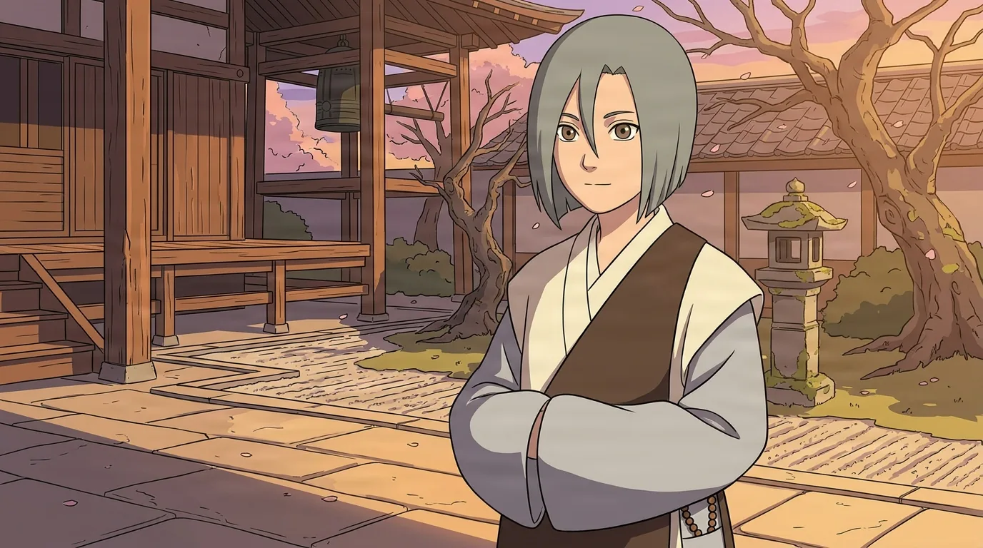 A silver haired young man in a cream and brown kimono stands with arms crossed in a temple courtyard bathed in golden sunset light.