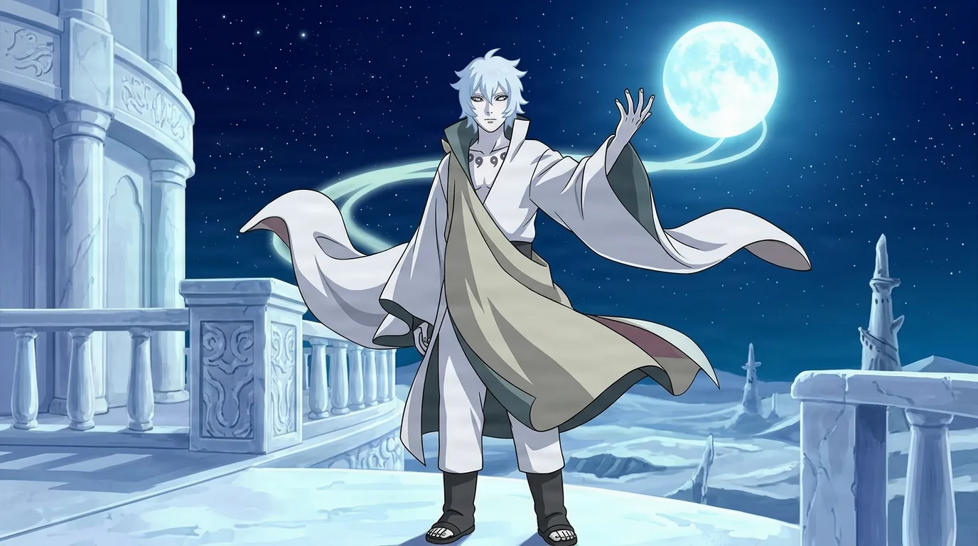 White haired man in flowing pale robes raising one hand toward a glowing full moon from a white palace terrace under a starry sky