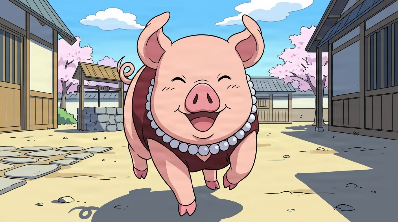 A plump pink pig in a maroon cape and white pearl necklace trots forward with a wide happy smile through a sunny village courtyard framed by cherry blossom trees.