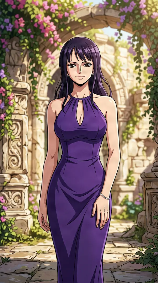 Nico Robin from One Piece stands smiling in an elegant purple halter dress beneath a stone archway covered in blooming vines.