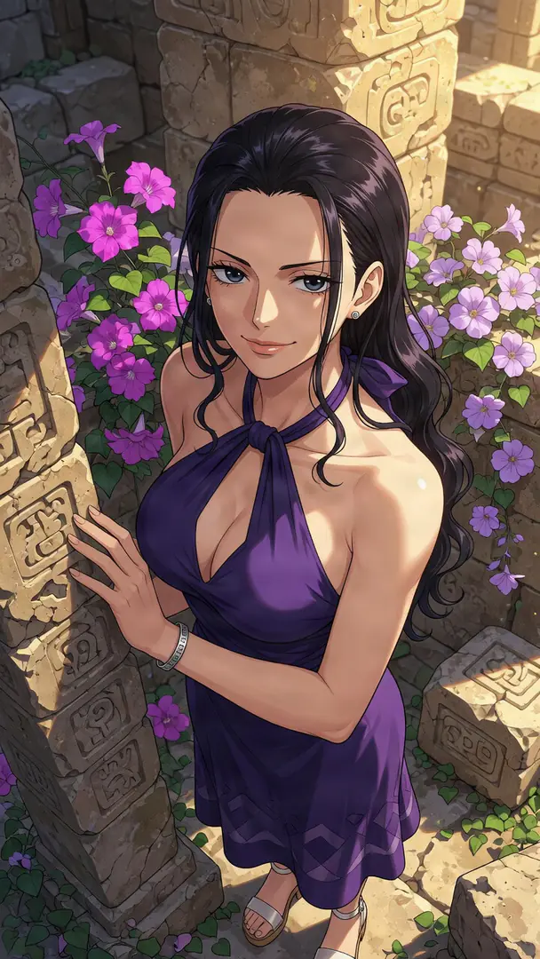 Wearing a purple halter dress, Nico Robin from One Piece smiles gently as she touches a carved stone pillar amidst sunlit ruins and blooming purple flowers.