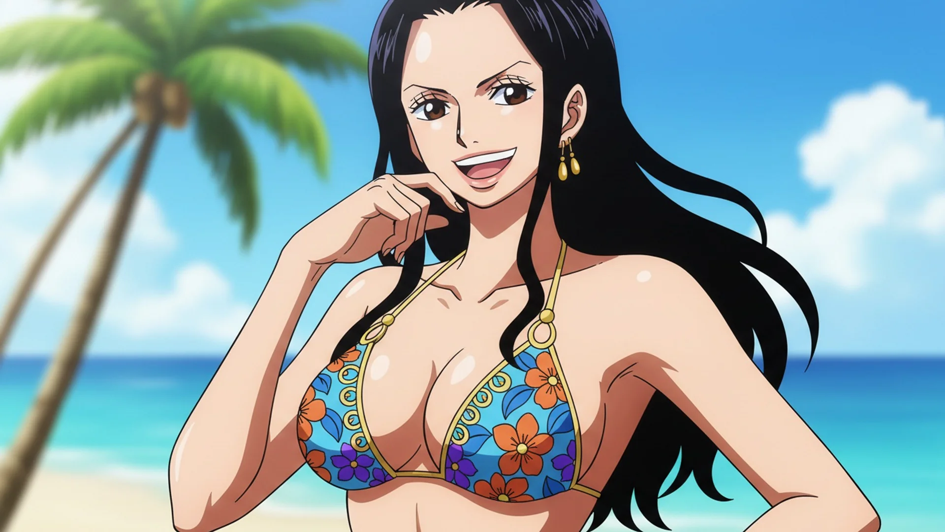 Nico Robin in a vibrant tropical beach scene, anime-style AI Art by Daddy Jim Headquarters