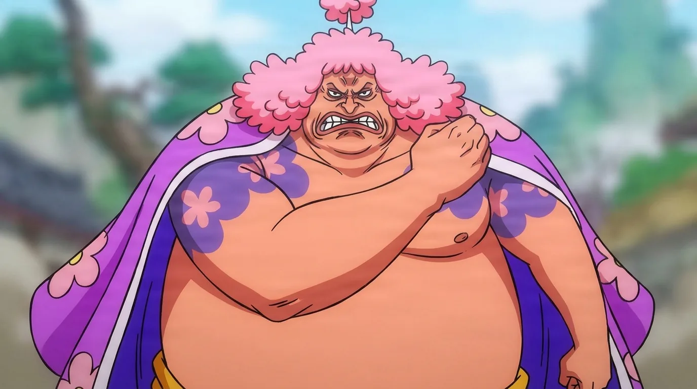 Ashura Doji from One Piece in a close-framed cel-shaded anime scene with a detailed environment