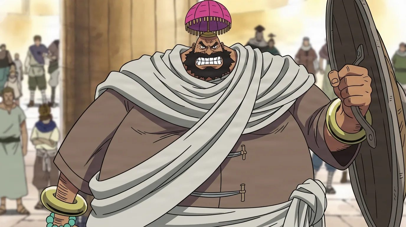 Barbarossa from One Piece in a close-framed cel-shaded anime scene with a detailed environment