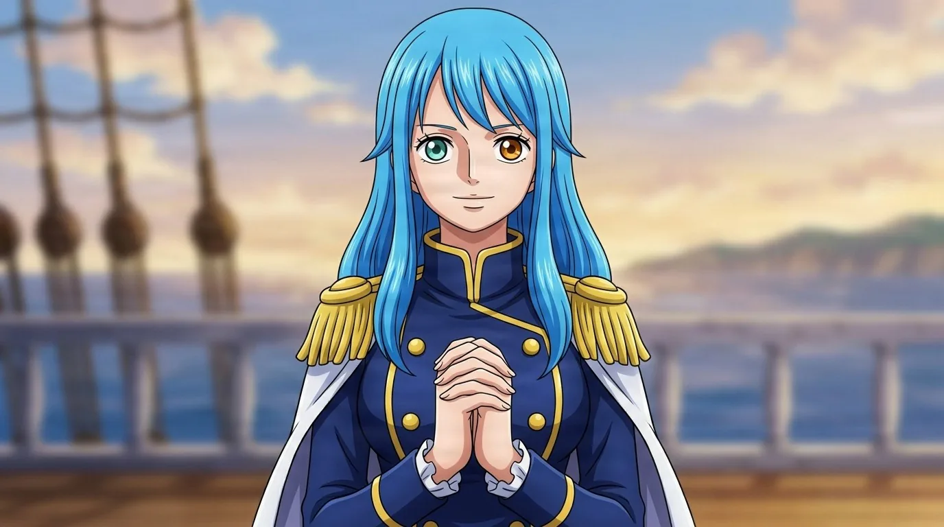 Candelle on a ship deck at sunset, long blue hair and mismatched eyes, hands clasped in a navy blue Marine coat