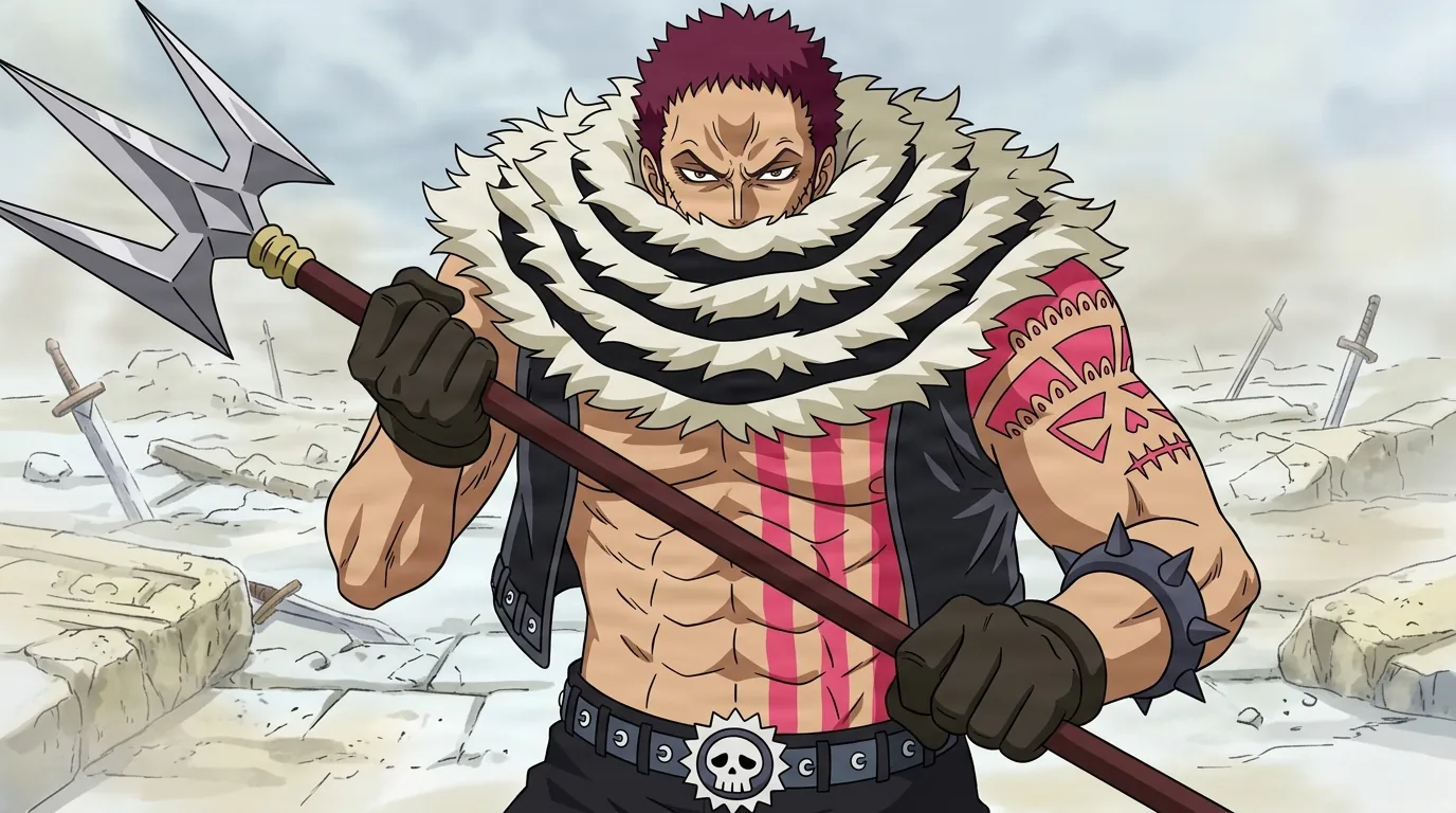 Tall red-haired warrior with a raised fur collar holds a silver trident across his body on a ruined battlefield, red stripe markings down his bare torso and a skull buckle on his belt.