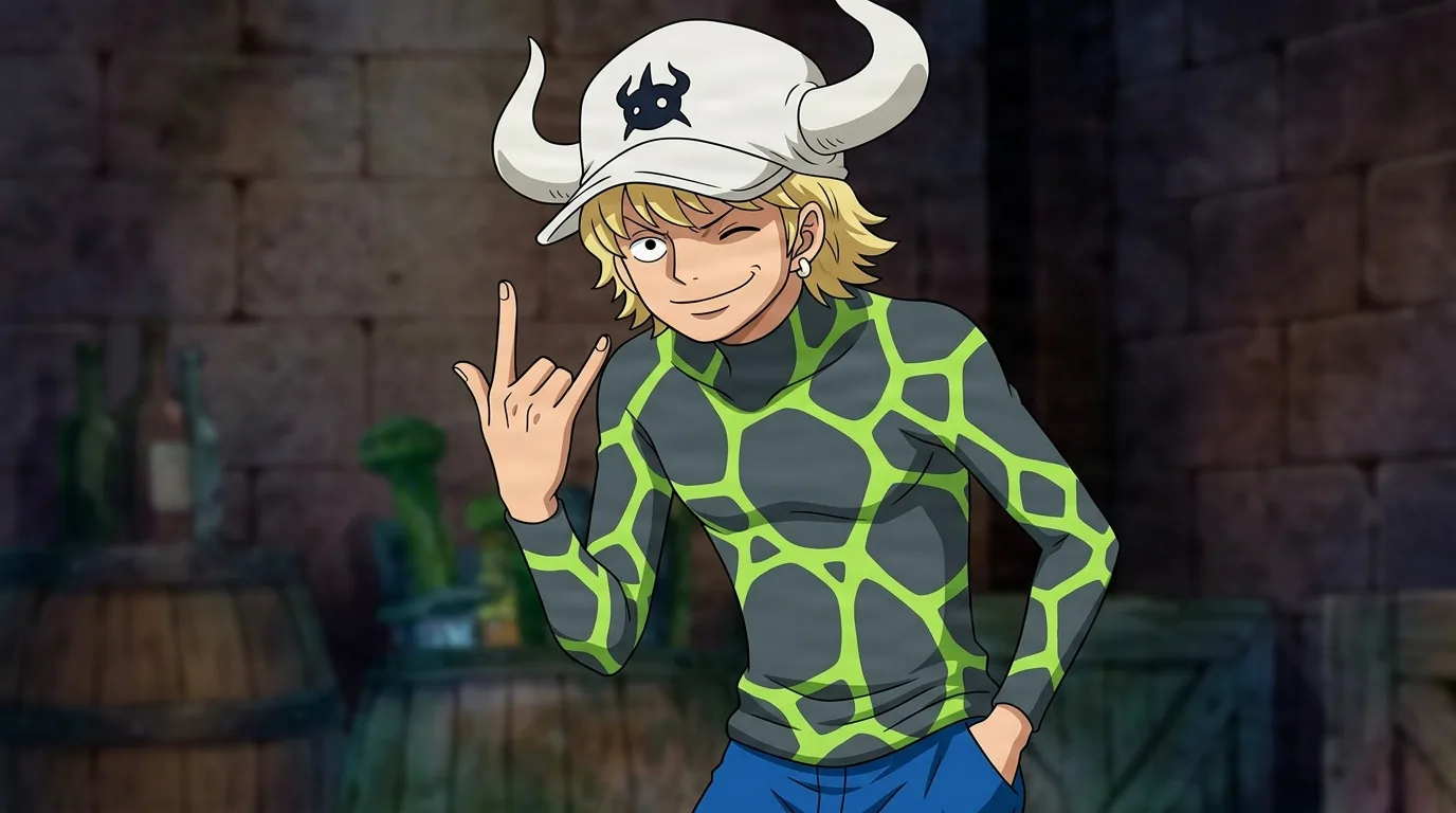 Dellinger from One Piece in a close-framed cel-shaded anime scene with a detailed environment