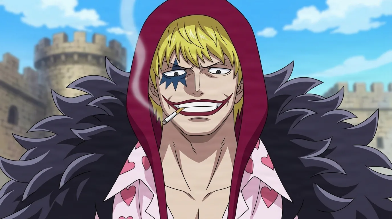 Donquixote Rosinante from One Piece in a close-framed cel-shaded anime scene with a detailed environment