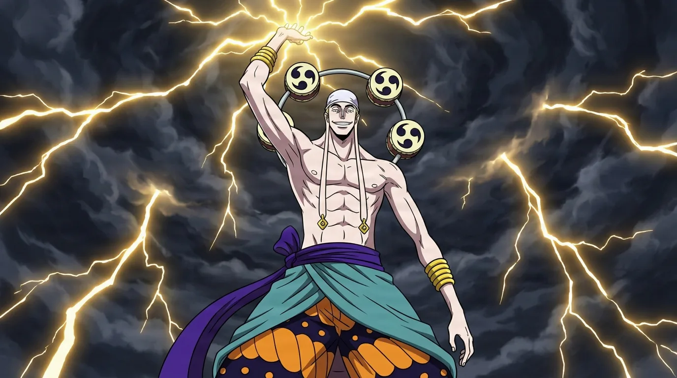 Bare-chested white-capped man with four golden tomoe drums behind his head, raising one arm as golden lightning branches across a black storm sky.