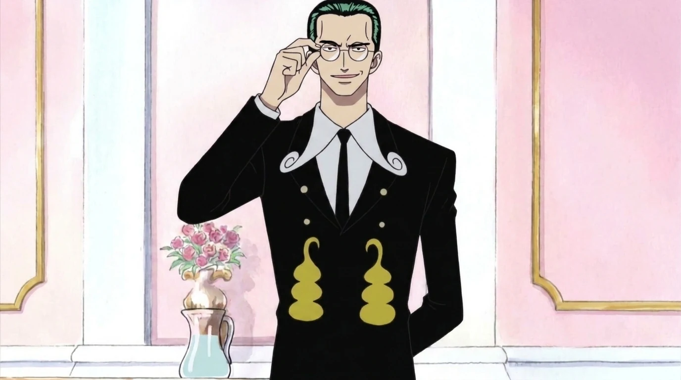 Kuro from One Piece in his Klahadore butler disguise, pushing his round glasses up with his palm in the pink hallway of the Syrup Village mansion