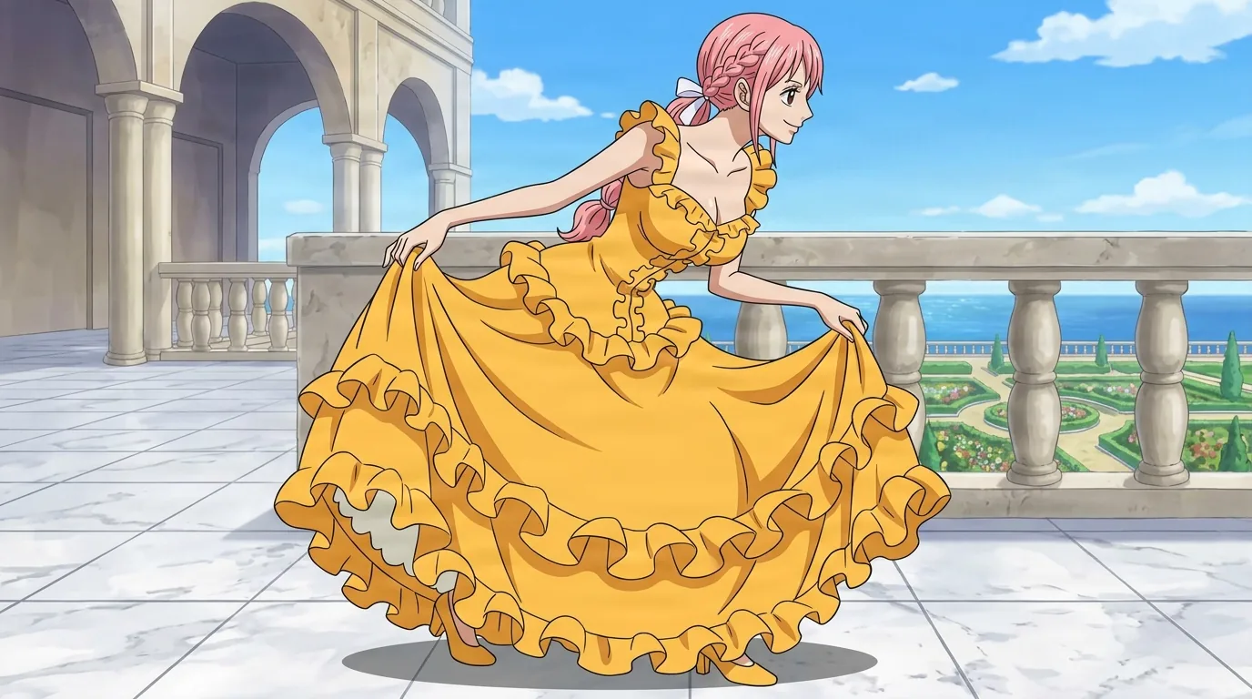 Pink haired gladiator in a flowing yellow ruffled gown curtsies on a sunlit marble balcony above a seaside garden