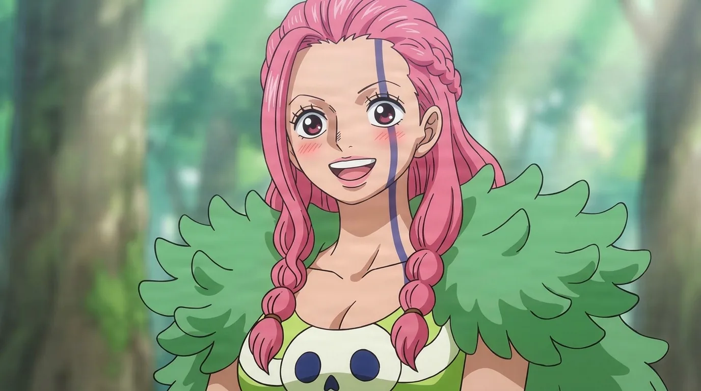 Ripley from One Piece in a close-framed cel-shaded anime scene with a detailed environment