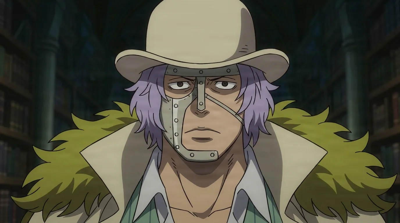Spandam from One Piece in a close-framed cel-shaded anime scene with a detailed environment