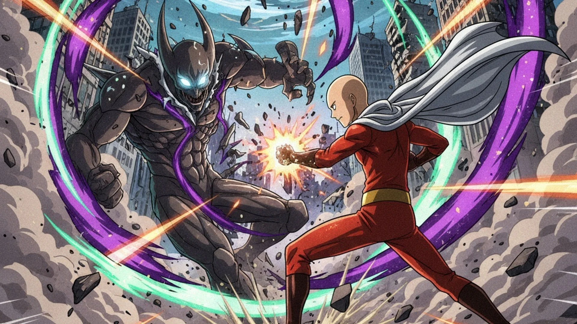 AI Art of an intense urban battle between two contrasting figures in One Punch Man style by Daddy Jim Headquarters