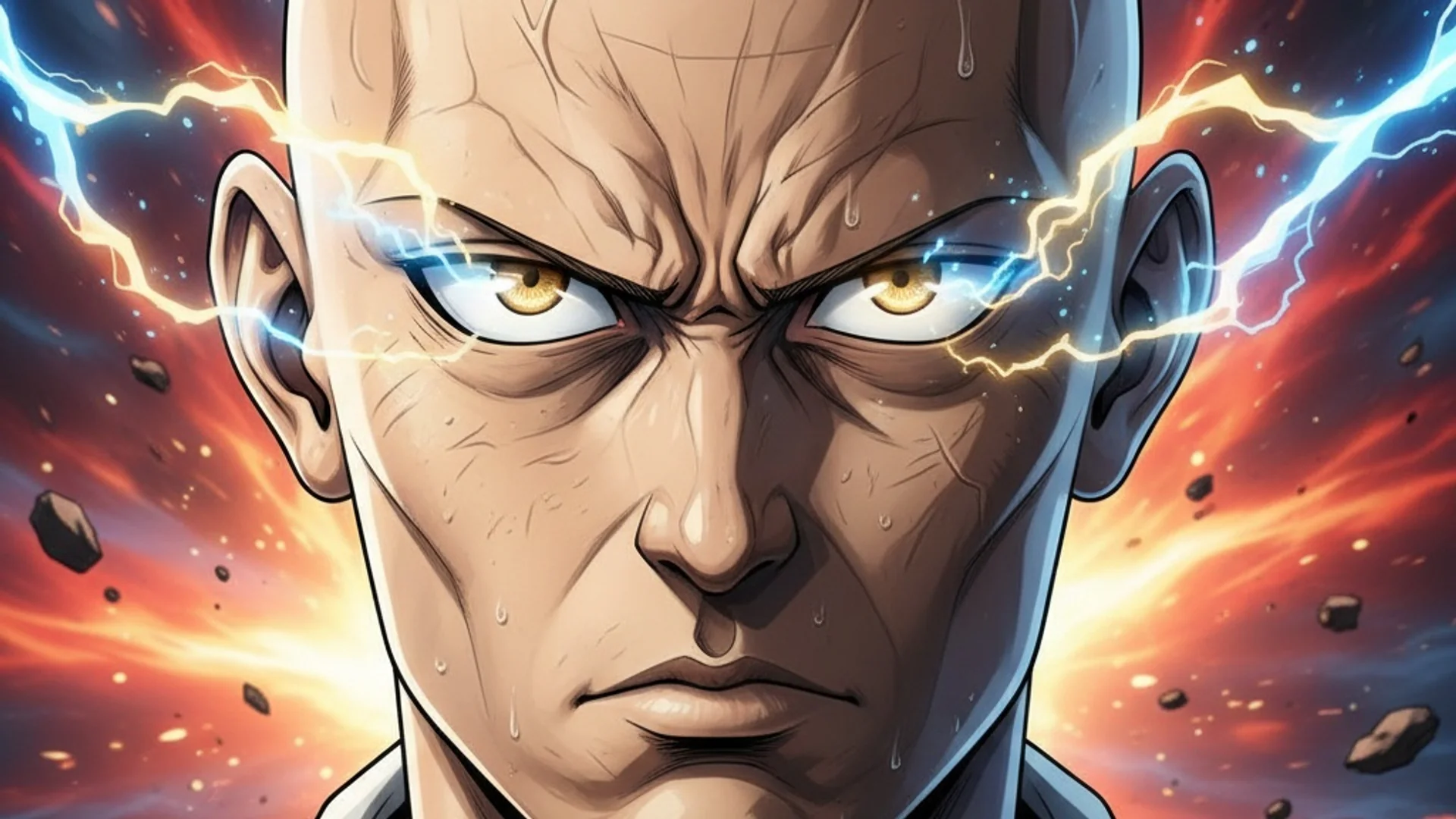 AI Art by Daddy Jim Headquarters featuring intense anime-style close-up with One Punch Man inspired bold lines and dramatic expression