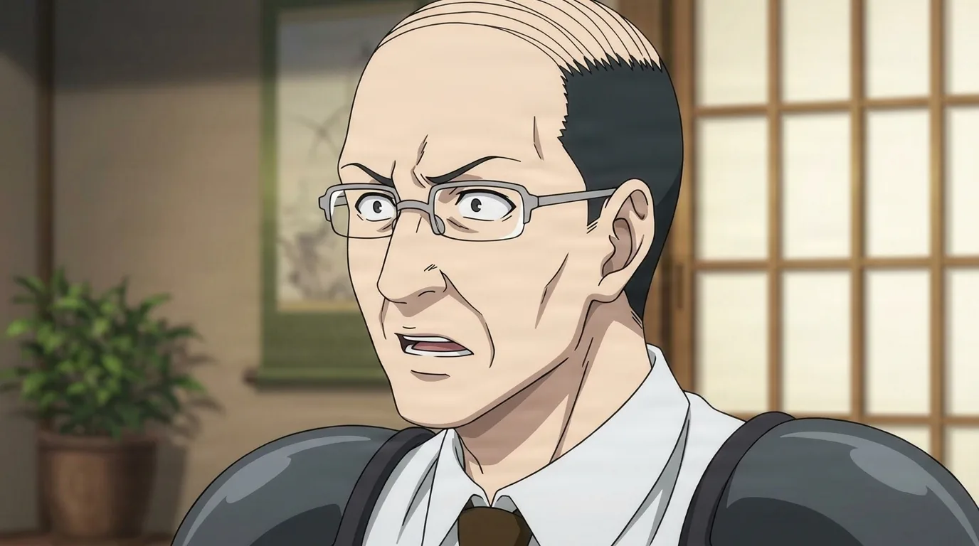 Armored Chief Clerk from One Punch Man in a close-framed cel-shaded anime scene with a detailed environment
