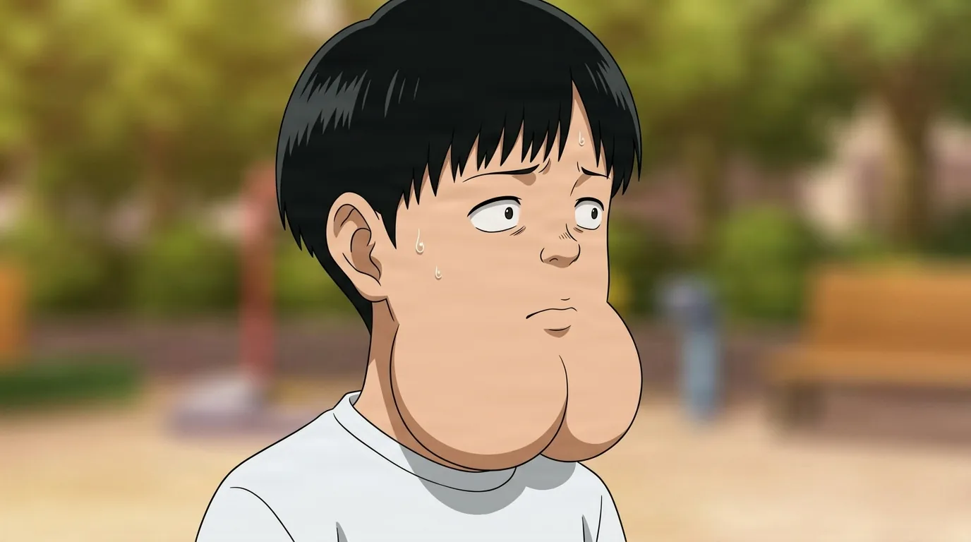 Ball-Chinned Kid from One Punch Man in a close-framed cel-shaded anime scene with a detailed environment