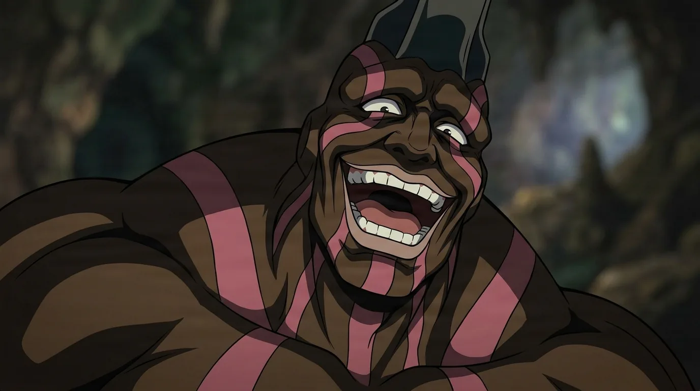 Carnage Kabuto from One Punch Man in a close-framed cel-shaded anime scene with a detailed environment
