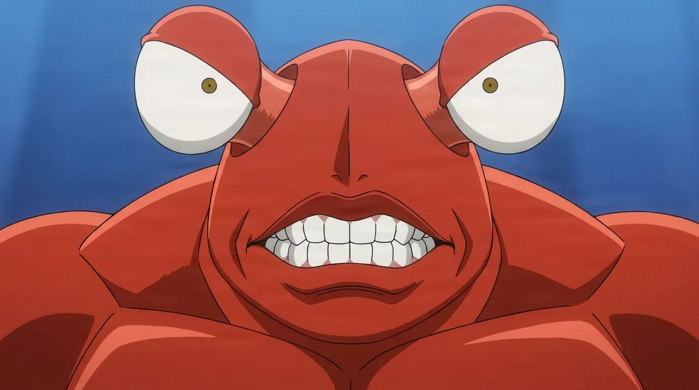 Crablante from One Punch Man in a close-framed cel-shaded anime scene with a detailed environment
