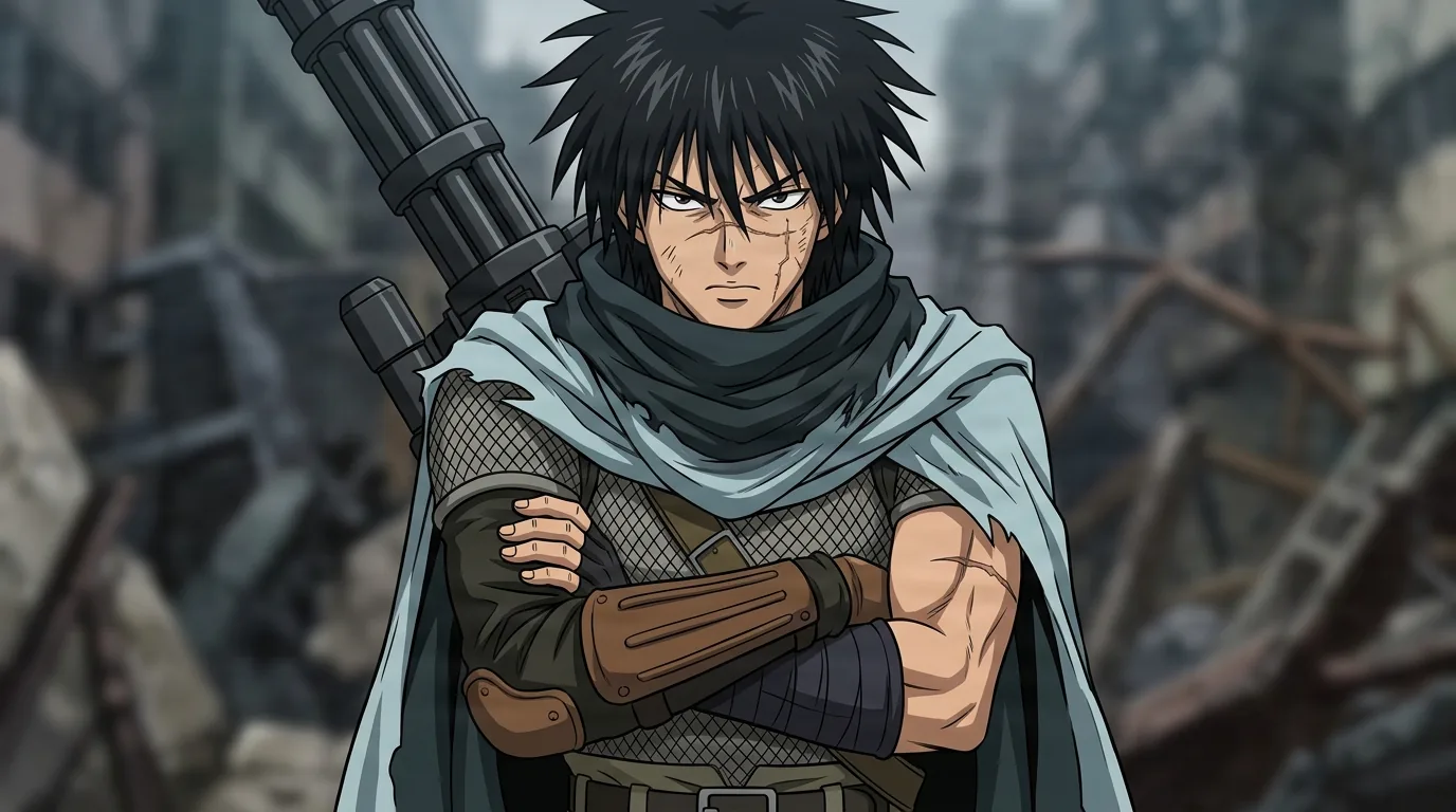 Death Gatling from One Punch Man in a close-framed cel-shaded anime scene with a detailed environment