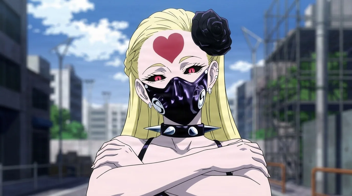 Do-S with arms crossed on a city street, blonde hair, red heart mark on her forehead, black mask and spiked collar