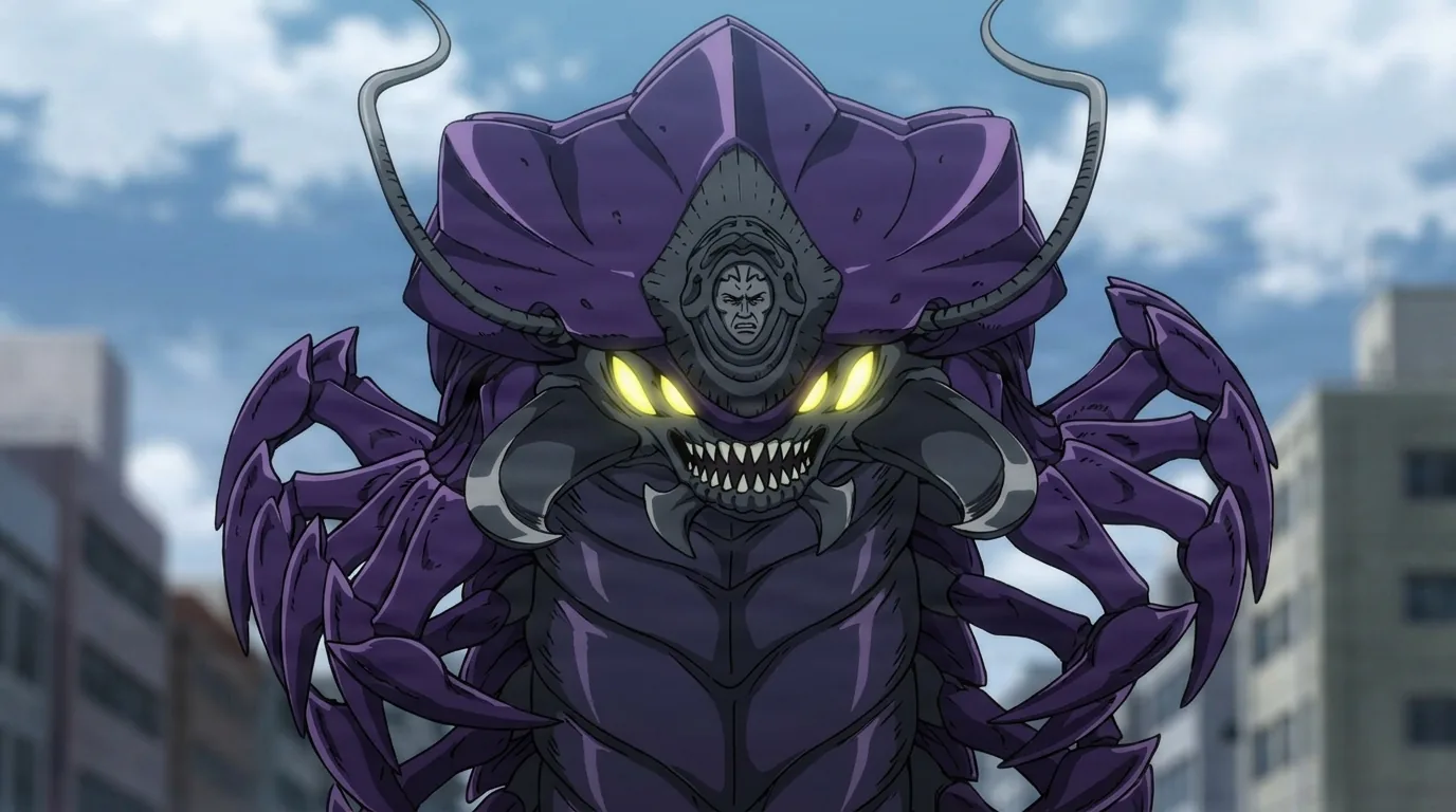 Elder Centipede from One Punch Man in a close-framed cel-shaded anime scene with a detailed environment