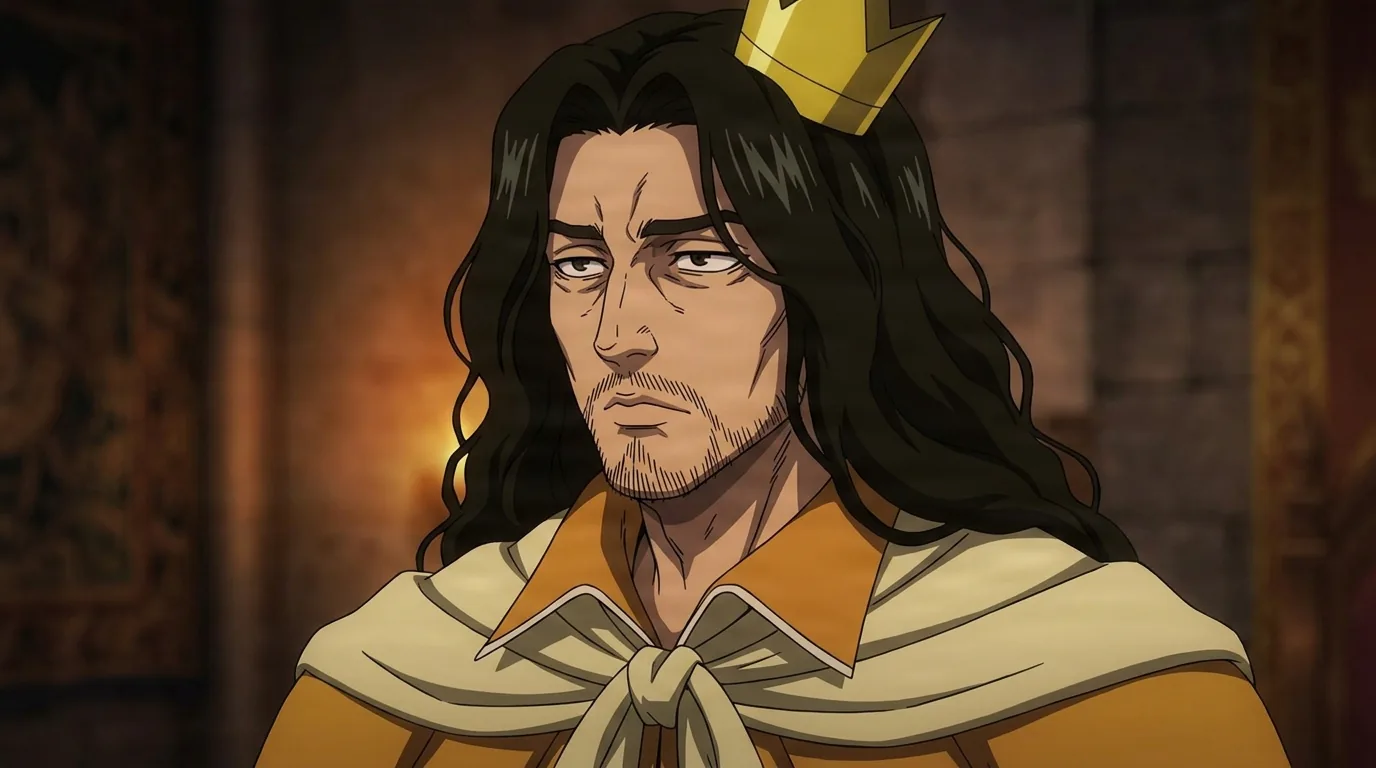 Homeless Emperor from One Punch Man in a close-framed cel-shaded anime scene with a detailed environment