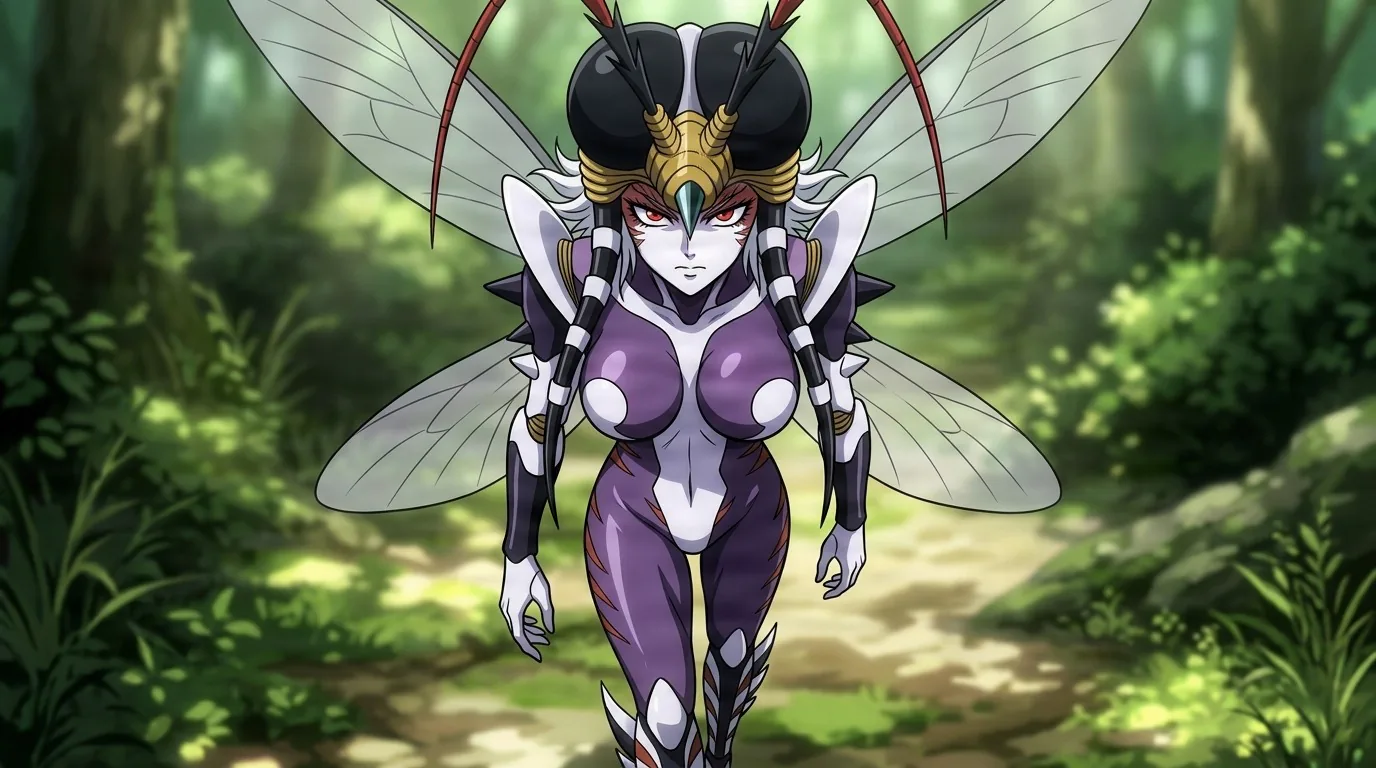 Mosquito Girl walking a shaded forest path, insect wings, extra segmented arms, pale purple carapace and red eyes