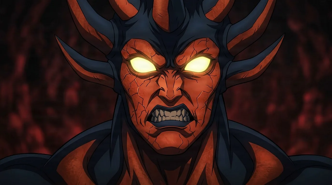 Monster King Orochi from One Punch Man in a close-framed cel-shaded anime scene with a detailed environment