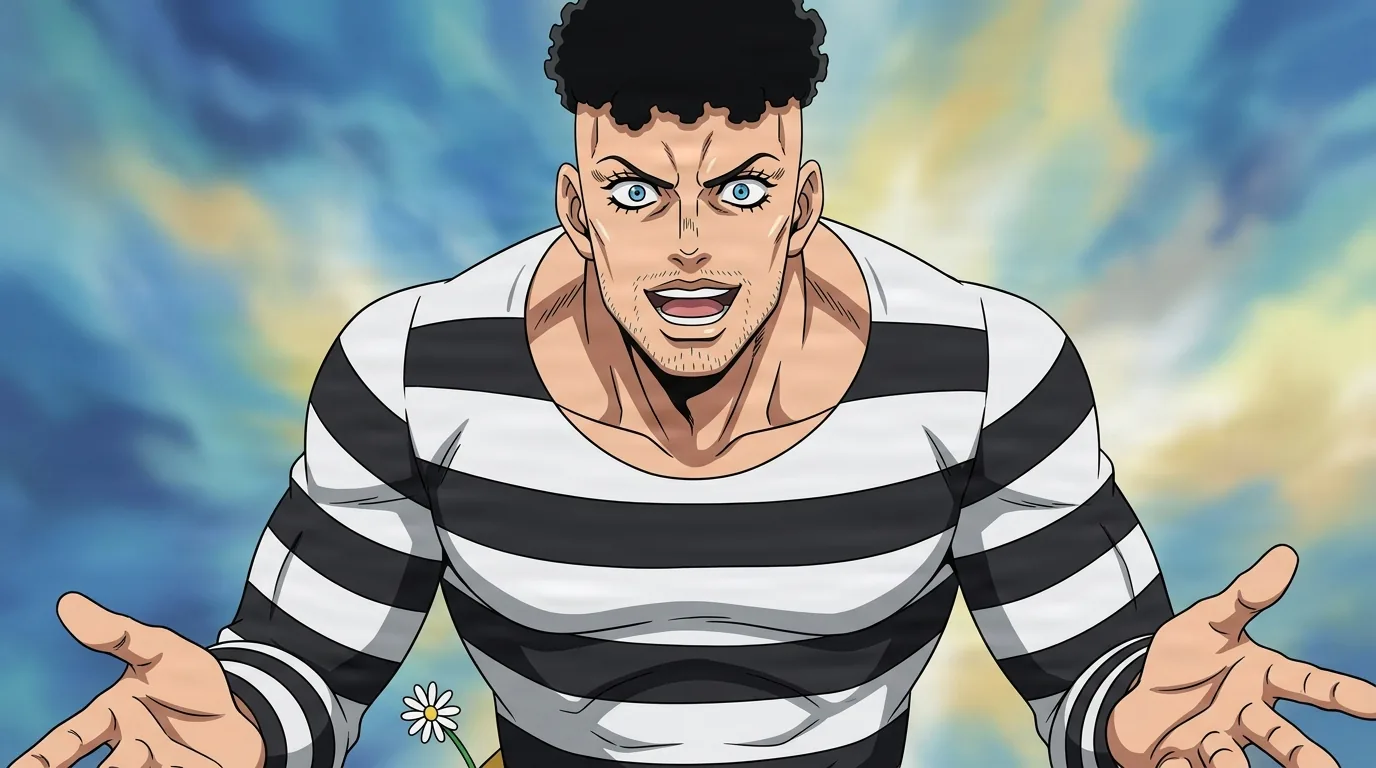 Puri-Puri-Prisoner from One Punch Man in a close-framed cel-shaded anime scene with a detailed environment