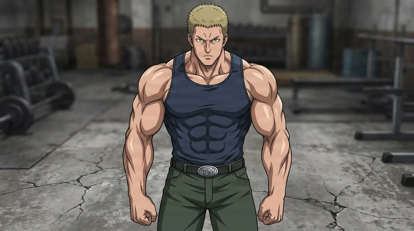 Tanktop Master stands squarely in a gritty gym, spiky blond hair, navy tank top and green pants with a TM belt buckle, fists clenched.