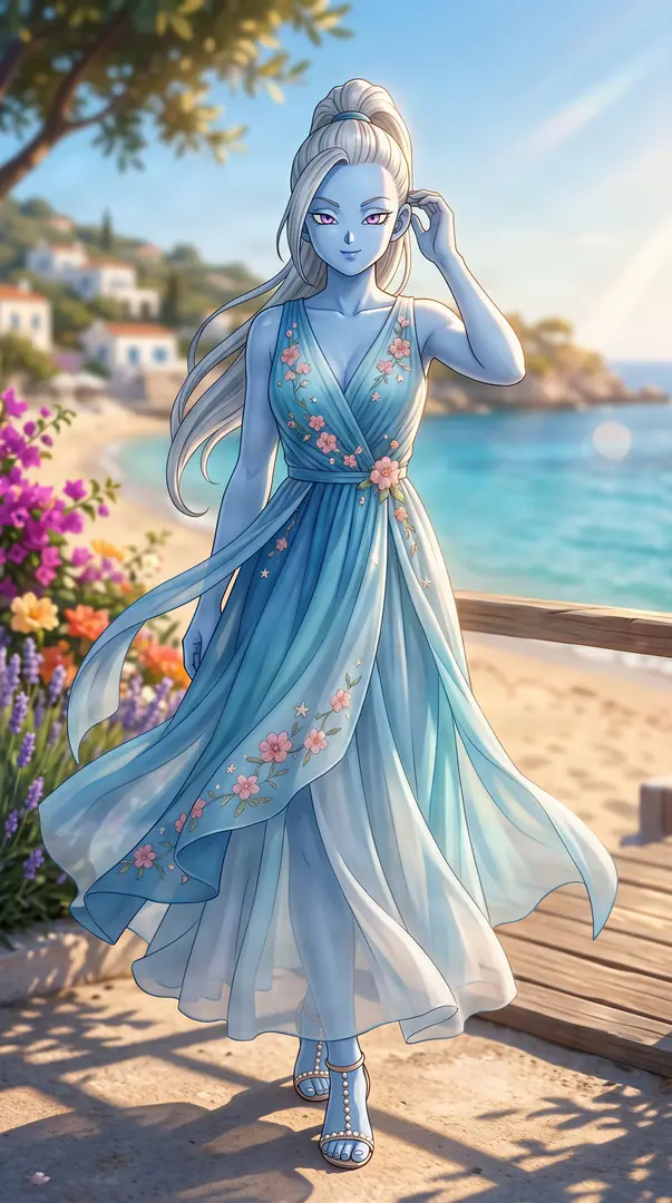 Vados from Dragon Ball, a blue-skinned woman with white hair in a high ponytail, walks along a sunny coastal boardwalk wearing a flowing light blue dress adorned with pink flowers.
