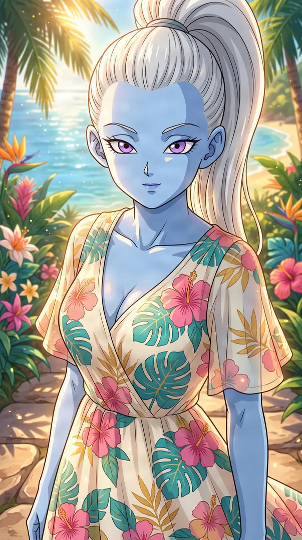 Vados from Dragon Ball, a blue-skinned character with a high white ponytail and purple eyes, stands on a sunlit tropical path wearing a light dress patterned with pink hibiscus and green palm leaves.
