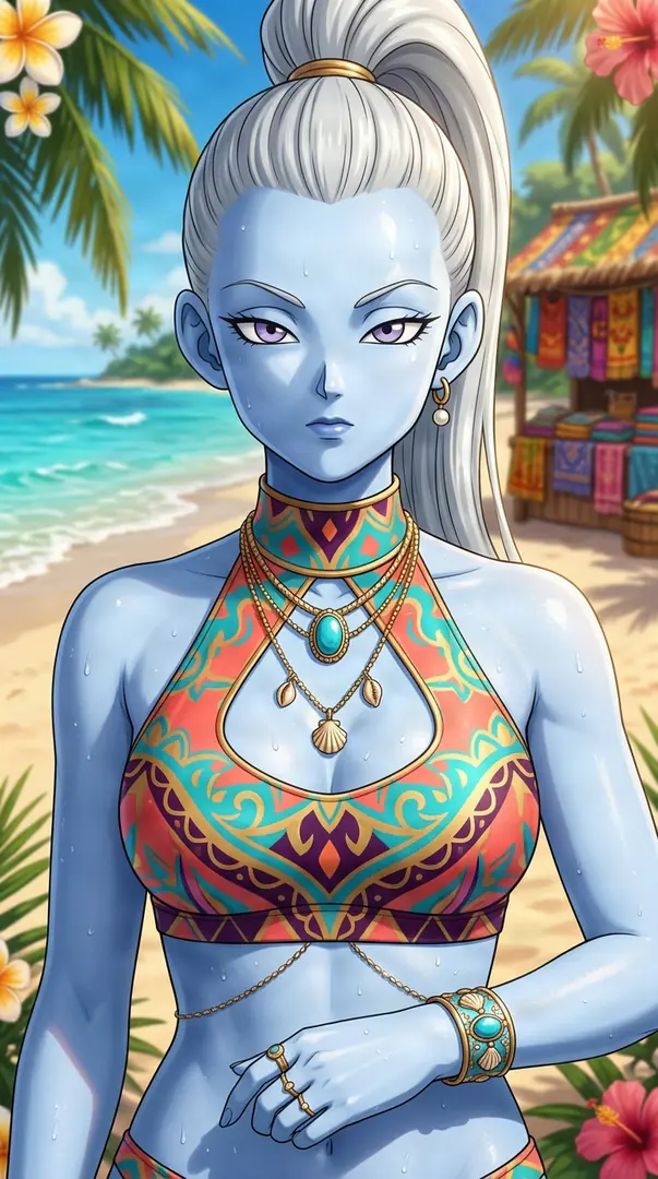 Vados from Dragon Ball stands on a sunlit tropical beach, her pale blue skin glistening with water droplets as she wears a brightly patterned halter bikini top, layered jewelry, and a high white ponytail.