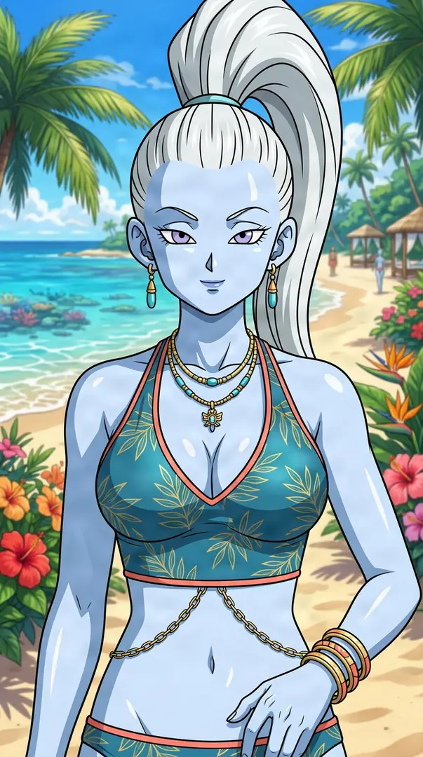Vados from Dragon Ball, a blue-skinned woman with a high white ponytail, poses on a tropical beach wearing a teal leaf-patterned bikini and gold jewelry.