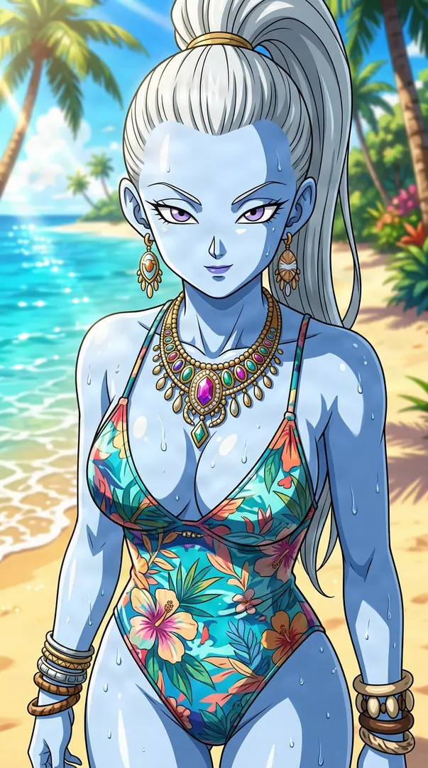 Vados from Dragon Ball, a blue-skinned character with a high white ponytail, stands on a sunny tropical beach wearing a vibrant floral swimsuit and elaborate gold jewelry.