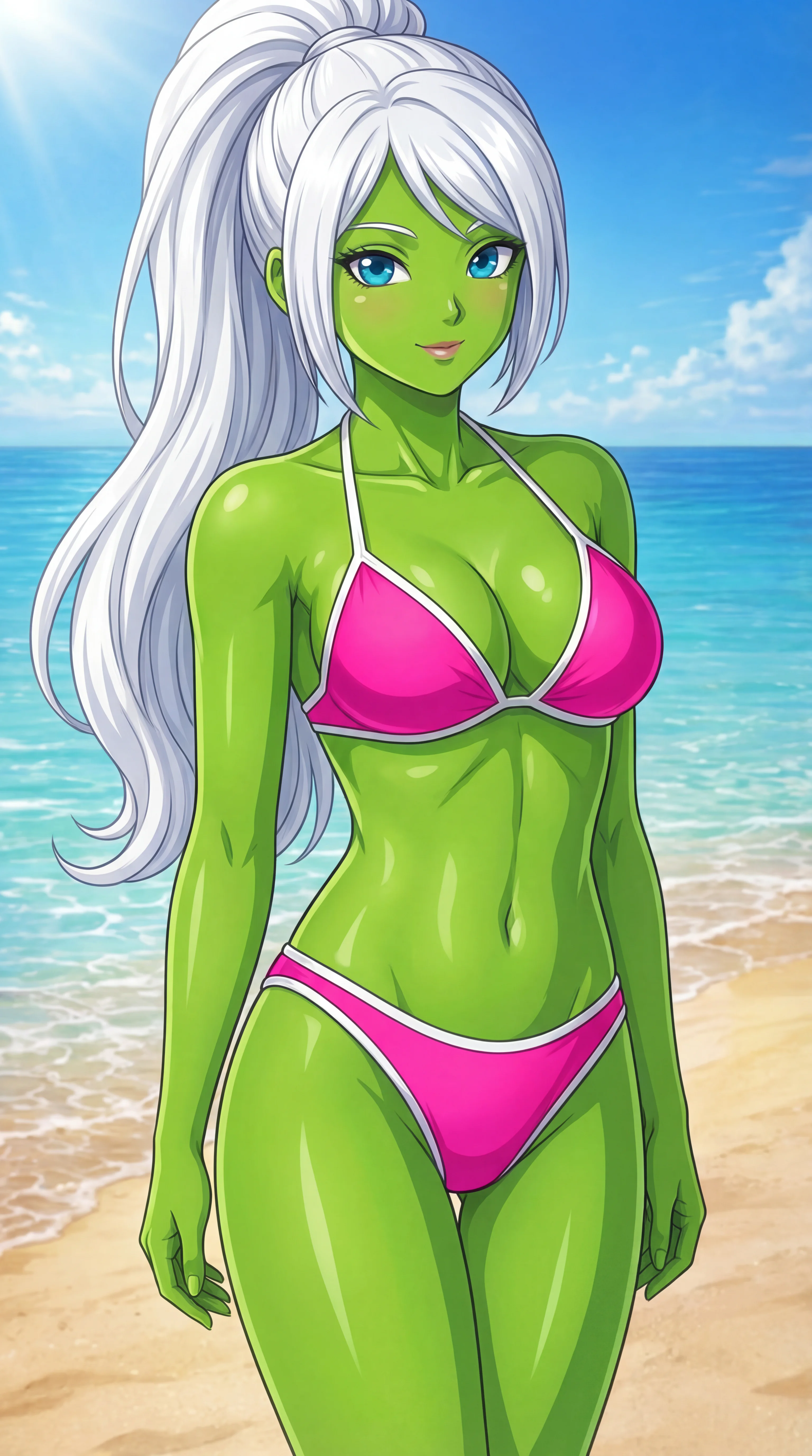 A green-skinned anime character with blue eyes and a long white ponytail stands on a sunny beach wearing a bright pink bikini.